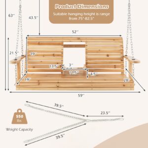 Giantex Outdoor Hanging Porch Swing - 2-Seat Wood Swing Bench with Folding Cup Holder and Sturdy Metal Hanging Chains, Outside Patio Swing Chair for Garden, Backyard, Poolside, Natural