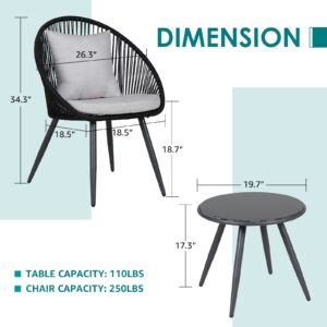 COBANA 3 Piece Patio Bistro Set, Outdoor Conversation Balcony Furniture Set with Glass Top Table and Cushioned Chairs, Black