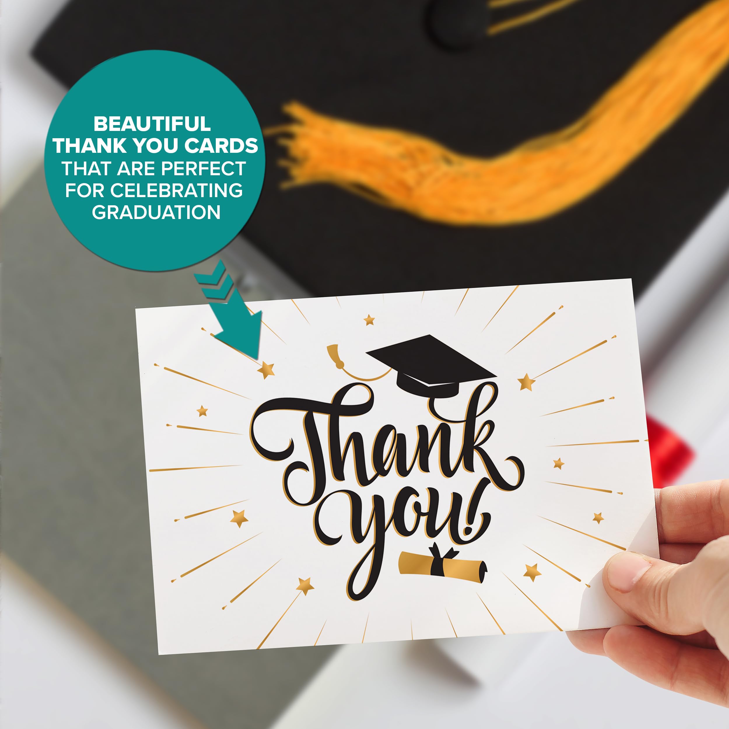 Decorably 24 Pack Gold Foiled Graduation Thank You Cards with Envelopes & Stickers - Blank Inside Thank You Cards Graduation, 6x4 Thank You Cards with Envelopes Graduation, Graduation Thank You Notes