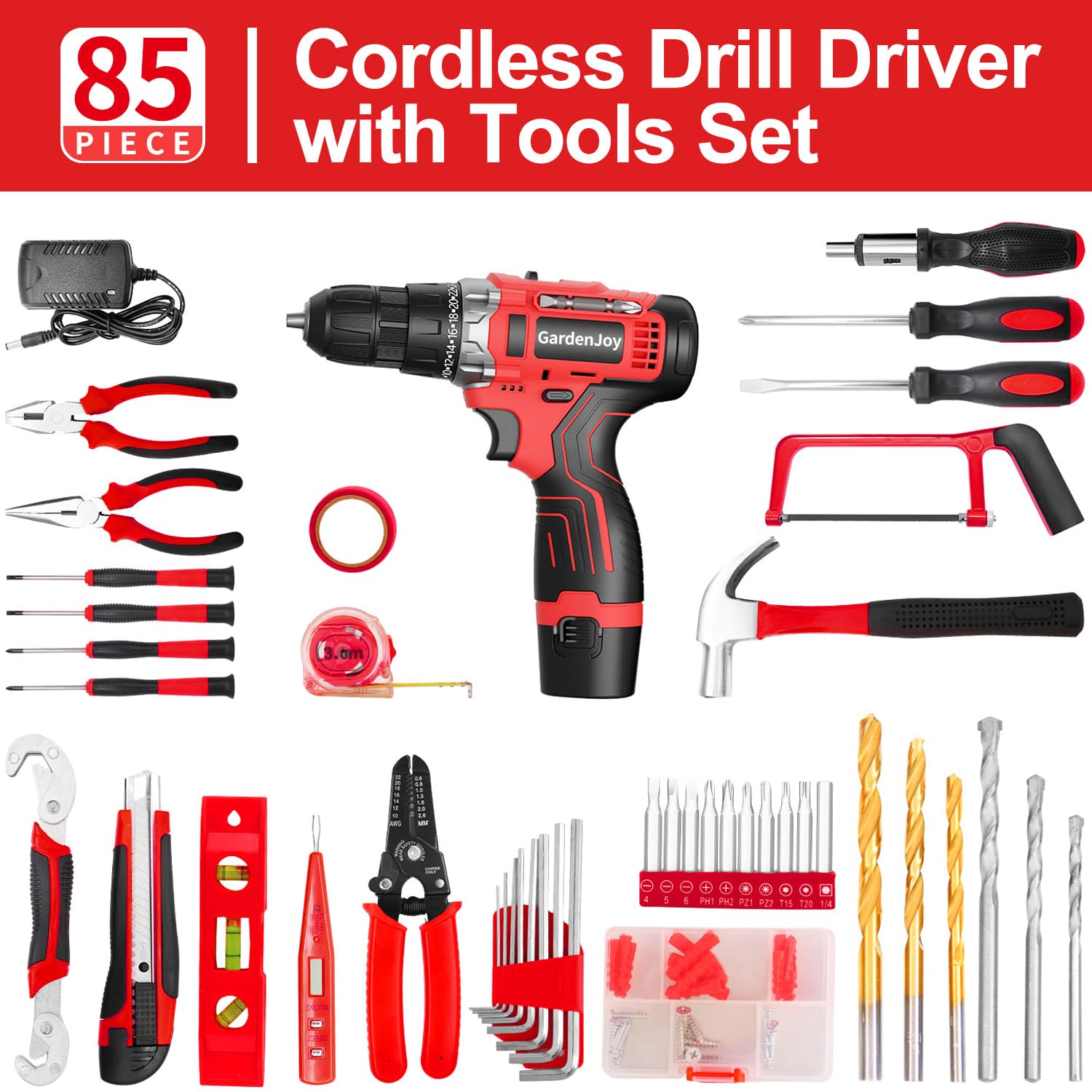 Home Tool Set with Power Drill, 85 Piece Electric Drill Kit with 12V Cordless Drill Driver, Household Tool Kit for All Purpose, Drill Sets Combo Kit with Tool Case for DIY Project and House Repair