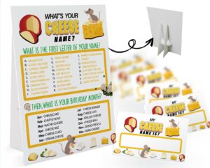 what's your cheese name game (1 cheese theme sign and 30 name tag stickers), cheese game party decoration, birthday game for kids, family game-12