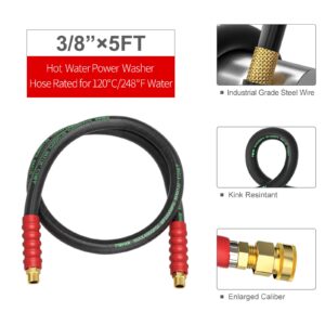 POHIR Pressure Washer Whip Hose 5FT, Hose Reel Connector Hose 248°F Hot/Cold Water Jumper Hose 3/8" with Quick Connect Adapter, Industry Grade Steel Wire Braided & Synthetic Rubber Jacket 4800 PSI