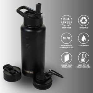 Thermosis 64 Oz insulated water bottle Stainless Steel Water Bottle with Straw & Holder Strap - Includes 2 Lids water bottles - Leak Proof water bottle for Men & Women - Black