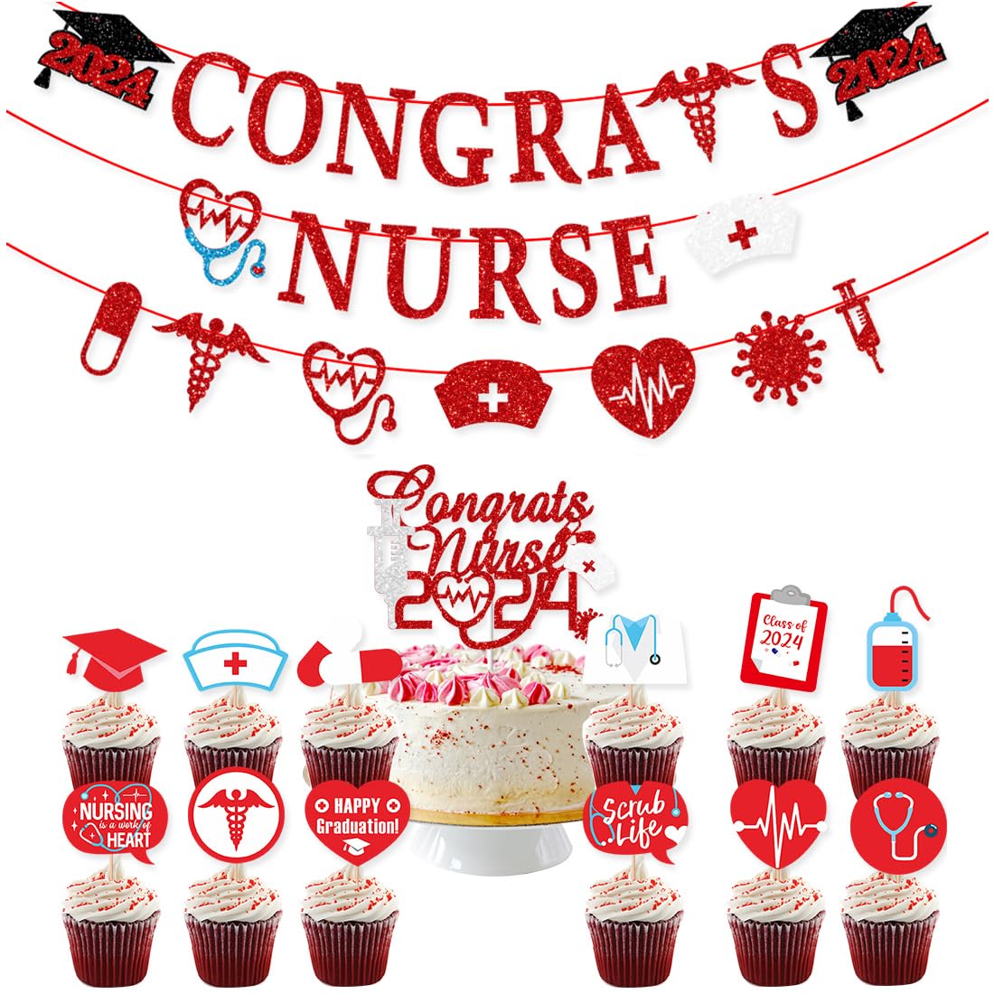 Nurse Graduation Party Decoration,2024 Glitter Red Nurses' Day Congrats Nurse Banner Nurses & Doctors Theme Garland Cake Cupcake Toppers for Nurses Week Nurses Day RN Graduation Party Supplies