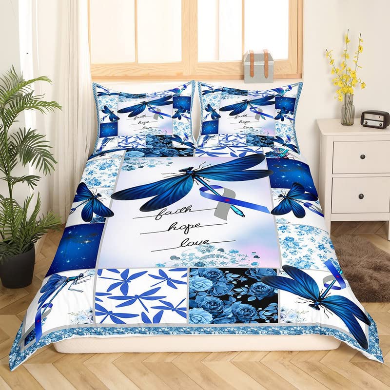 Feelyou Dragonfly Duvet Cover Set Blue Roses Printed Comforter Cover for Women Adults Retro Patchwork Design Bedding Set 1 Duvet Cover & 2 Pillowcases Queen Size