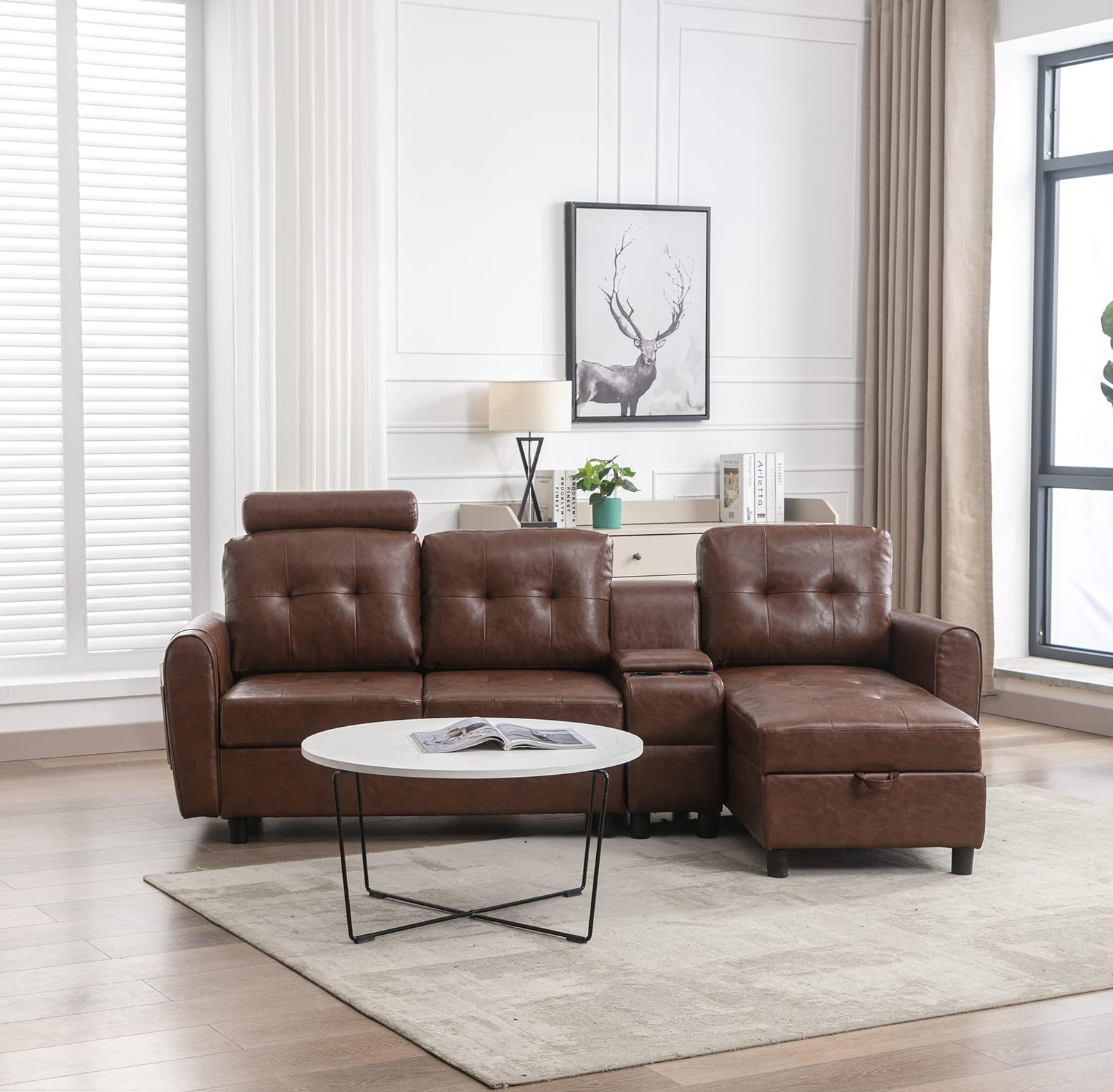 KINFFICT Modern PU Leather Sectional Sofa with Chaise, Comfy 3 Seat Sectional Couch with Storage, Cup Holders, and Comfy Headrest, L Shaped Couch Furniture Set for Living Room, Brown