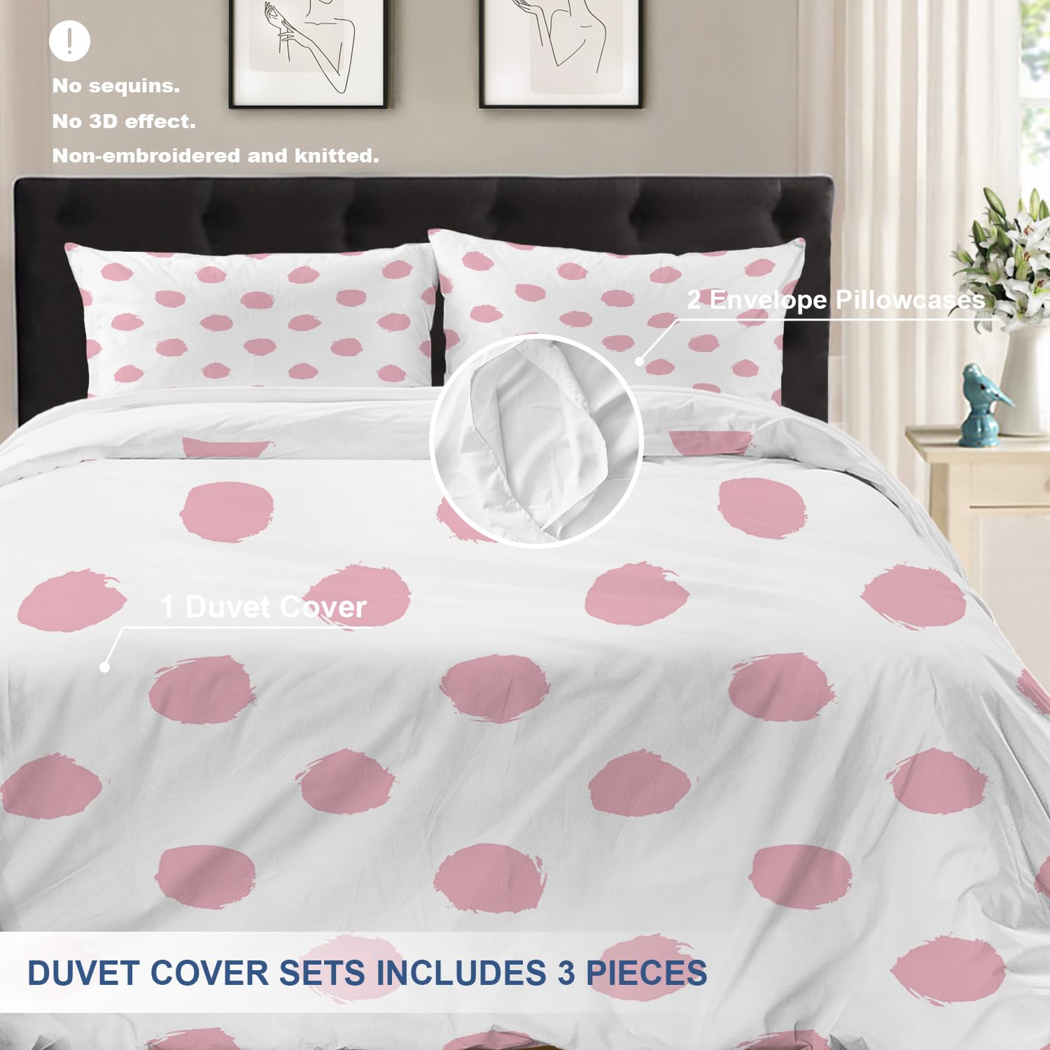 Batmerry Abstract Polka Dot Twin Size 3 Pieces Bedding Comforter Cover Sets,Soft Fluffy Black White Circle Pink Uneven Pattern Printed Duvet Cover for All Season