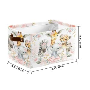 Safari Animals Floral Personalized Storage Bins Basket Cubic Organizer with Durable Handle for Shelves Wardrobe Nursery Toy 1 Pack