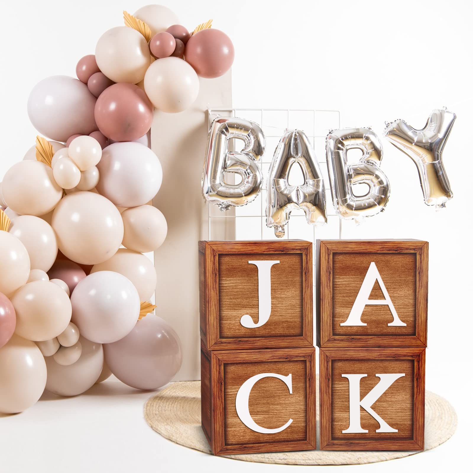 Brown Baby Balloon Boxes with 27 Letters - 4 Pcs Wooden Grain Baby Shower Blocks and A-Z+B Letters Woodland and Teddy Bear Decoration for Baby Shower, Gender Reveal, 1st Birthday Party Backdrop.