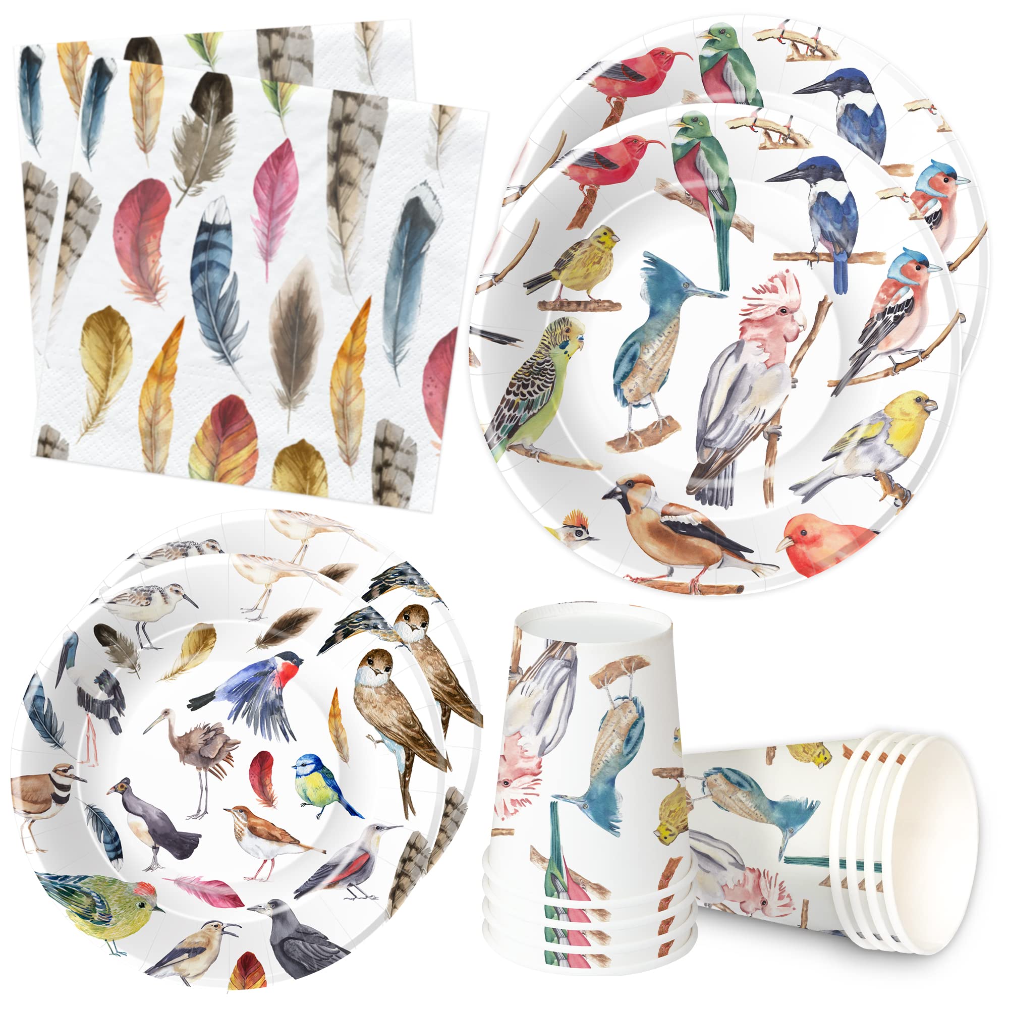 Xigejob Bird Party Tableware Decorations - Bird Plates And Napkins Party Supplies, Plate, Cup, Napkin, Colorful Bird Bridal Baby Shower Birthday Wedding Spring Summer Tea Party Dinnerware | Serve 24