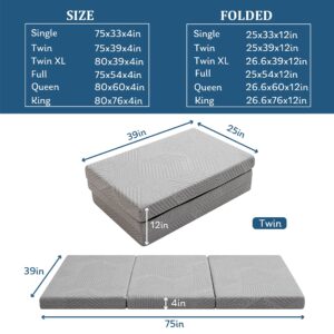 Folding Mattress 4 Inch Tri Folding Memory Foam Mattress, Portable Trifold Mattress Topper with Breathable & Washable Cover, Foldable Floor Mattress Guest Bed for Camping, Travel, Twin