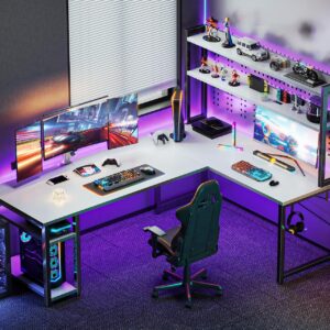 ODK L Shaped Gaming Desk with Hutch, Computer Desk with Storage Shelves, 66" L Shaped Desk for Home Office, Corner Desk with Headphone Hook, White