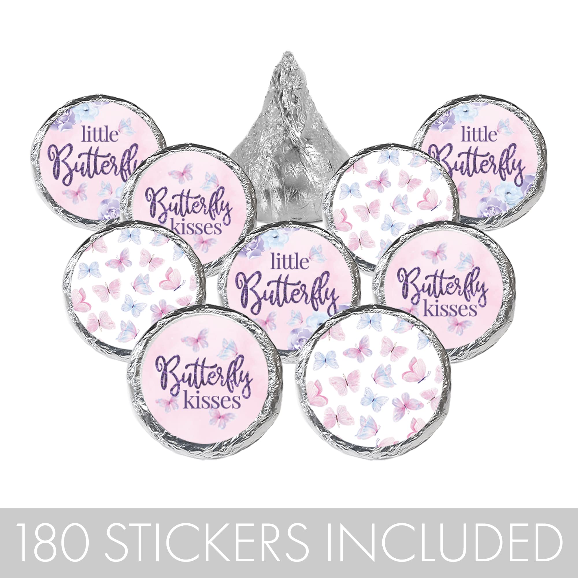 Butterfly Girl Baby Shower Party Favor Stickers, A Little Butterfly is on Her Way - It's a Girl Pink and Purple Chocolate Kisses Candy Labels - 180 Count