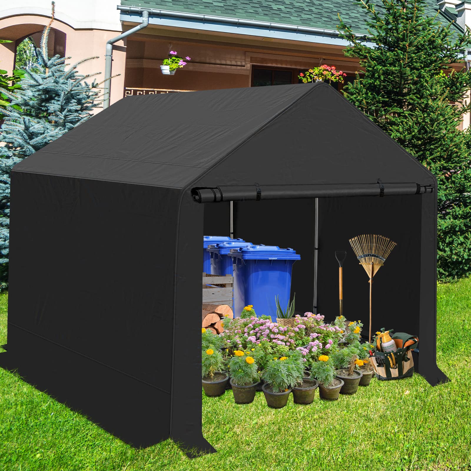 Outdoor Carport Canopy,10x10 ft Heavy Duty Canopy Shed,Metal Frame Storage She with Waterproof, UV Resistant Cover, 2 Rollup Zipper Doors for Backyard, Garden can Store Motorcycle, Garden Tools