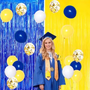 Graduation Party Decorations Navy Blue Yellow 2024/Navy Yellow Blue Graduation Decorations Class of 2024 Foil Fringe Curtains Graduation Backdrop Metallic Foil Curtains for Navy Blue Birthday Party