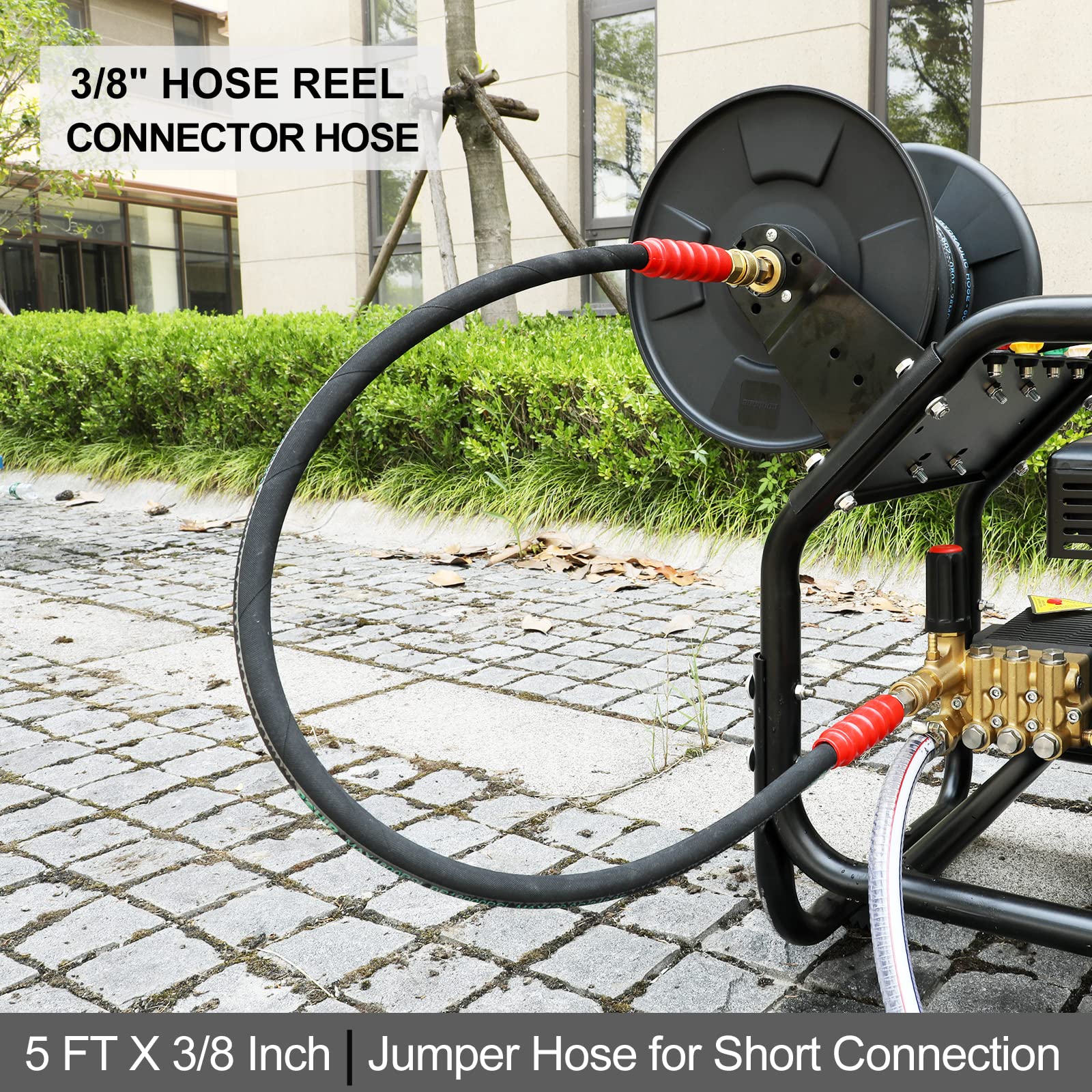 POHIR Pressure Washer Whip Hose 5FT, Hose Reel Connector Hose 248°F Hot/Cold Water Jumper Hose 3/8" with Quick Connect Adapter, Industry Grade Steel Wire Braided & Synthetic Rubber Jacket 4800 PSI