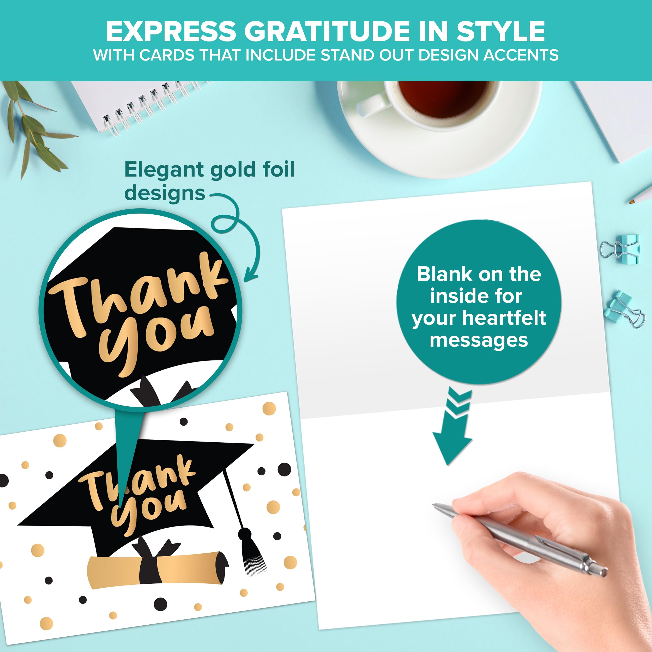 Decorably 24 Pack Gold Foiled Graduation Thank You Cards with Envelopes & Stickers - Blank Inside Thank You Cards Graduation, 6x4 Thank You Cards with Envelopes Graduation, Graduation Thank You Notes