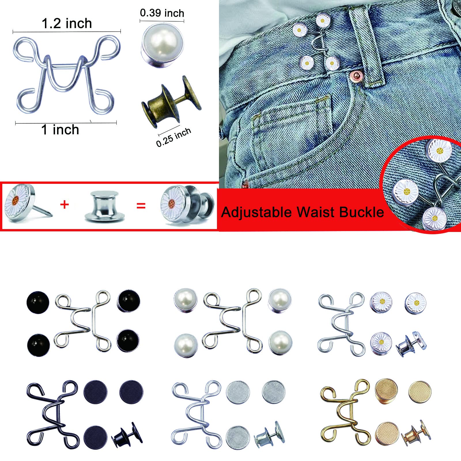 Urmspst 4 Set Pant Waist Tightener, Adjustable Waist Buckle Set, Extra Button for Jeans to Make Tighter, Button Adjuster for Pants, Jeans, Skirts, Sleeves, (Black)