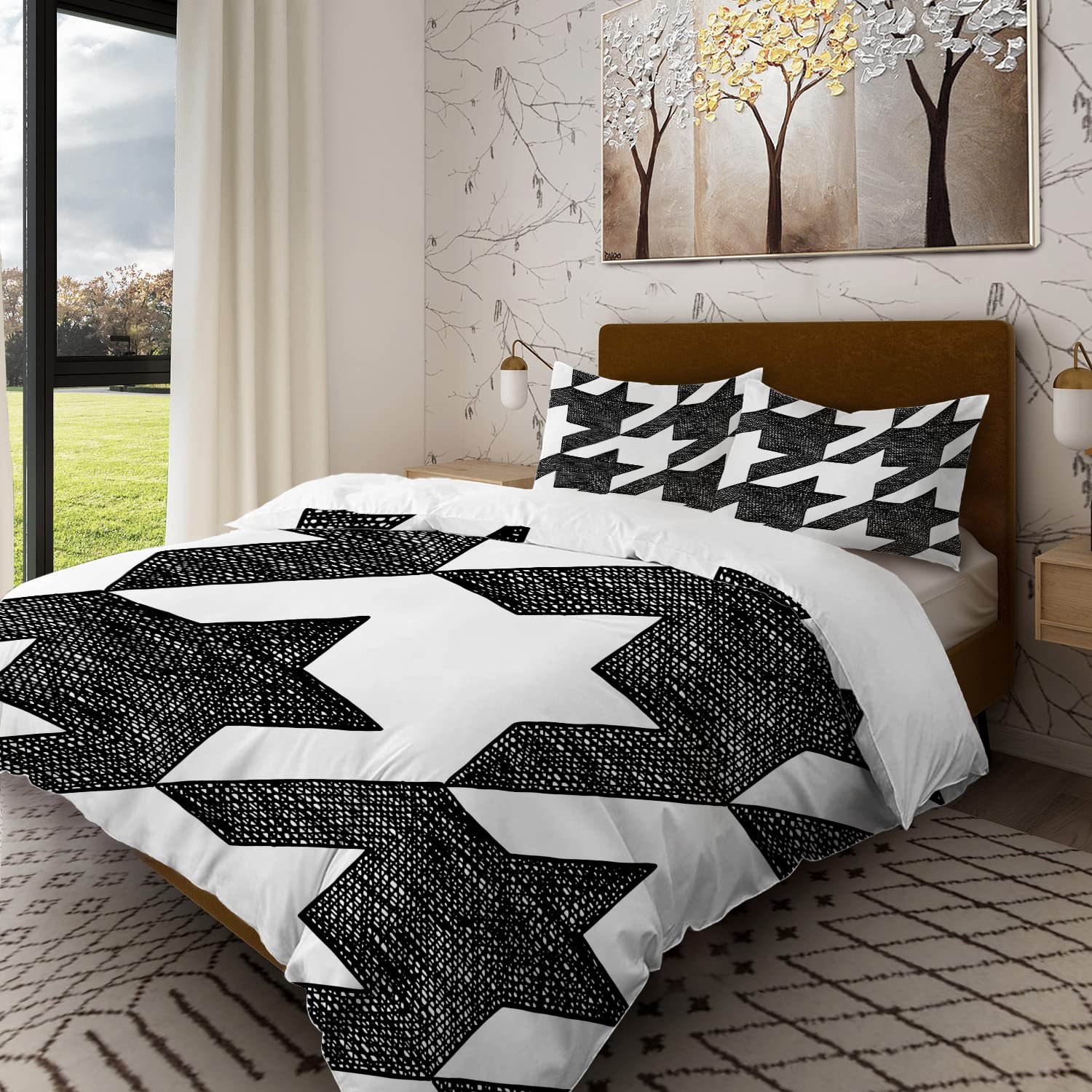 Batmerry Houndstooth Black White Twin Size 3 Pieces Bedding Comforter Cover Sets,Soft Fluffy Plaid Abstract Fashion Geometric Pattern Printed Duvet Cover for All Season