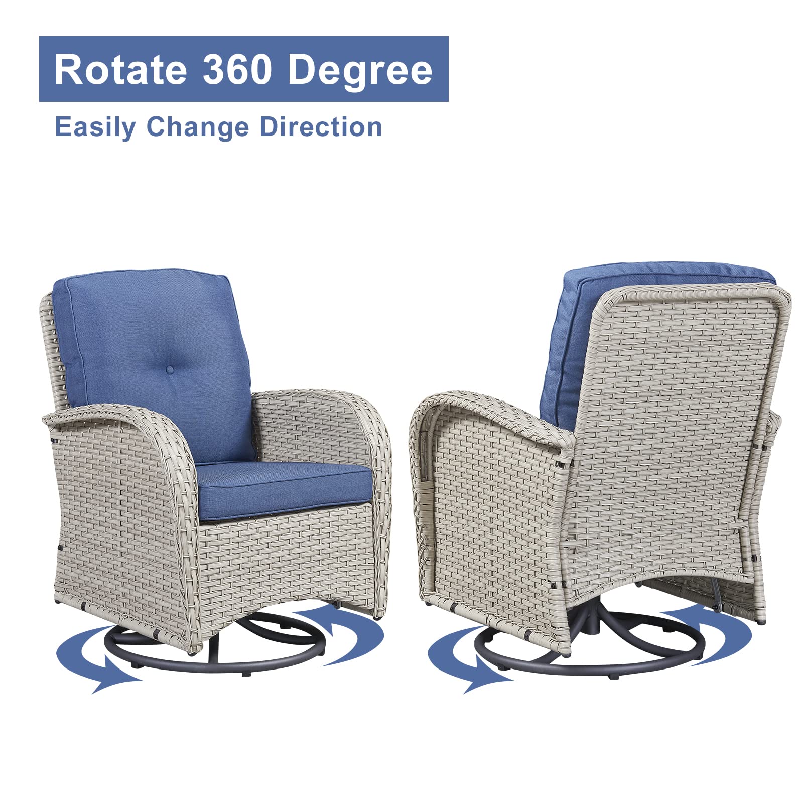 Rilyson Wicker Rocking Chair Swivel Chairs - 3PC Rocker Outdoor Furniture Set Rattan Patio Bisro Set with 2 Swivel Chairs and 1 Glass Top Side Table for Porch Deck(Grey/Blue)