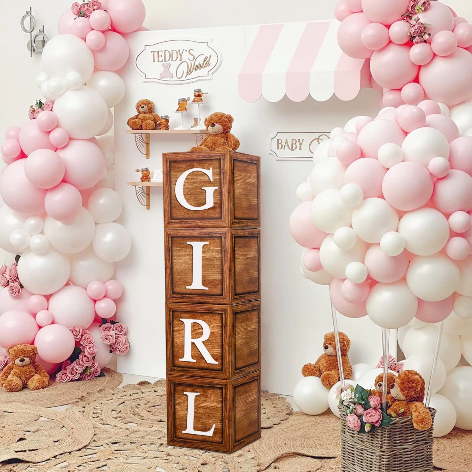 Brown Baby Balloon Boxes with 27 Letters - 4 Pcs Wooden Grain Baby Shower Blocks and A-Z+B Letters Woodland and Teddy Bear Decoration for Baby Shower, Gender Reveal, 1st Birthday Party Backdrop.