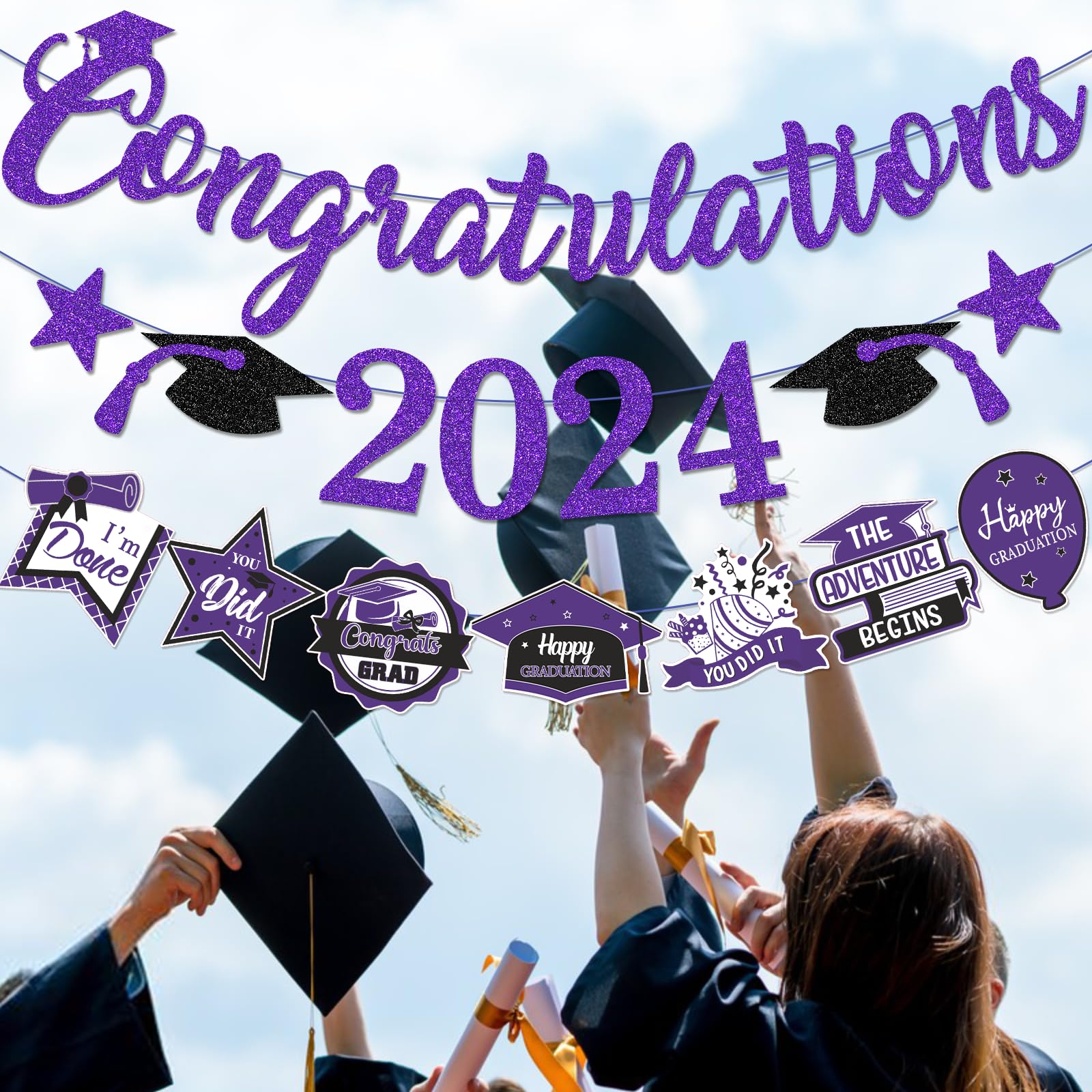 Purple Congratulations 2024 Banner Graduation Party Decorations 2024 Purple and Black Class of 2024 Graduation Decorations Purple Graduation Decorations 2024 Graduation Party Supplies