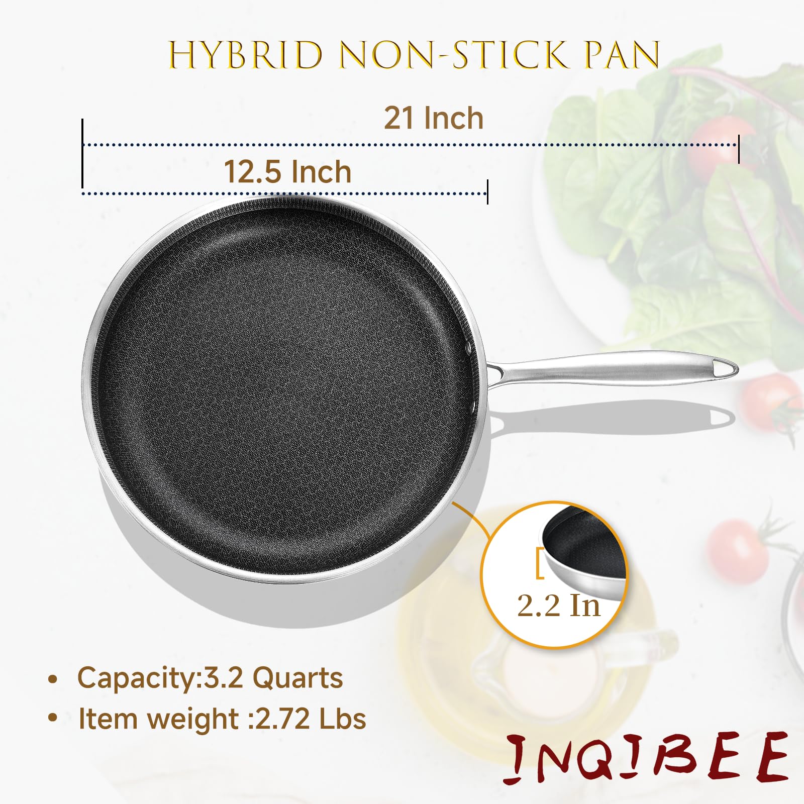 Inqibee 12-Inch Hybrid Tri-Ply Stainless Steel Sauté Pan,Non-stick Frying Pan with Lid,Skillet,Induction Chef's Pan,Heavy Duty and Oven Safe,Detachable Handle.