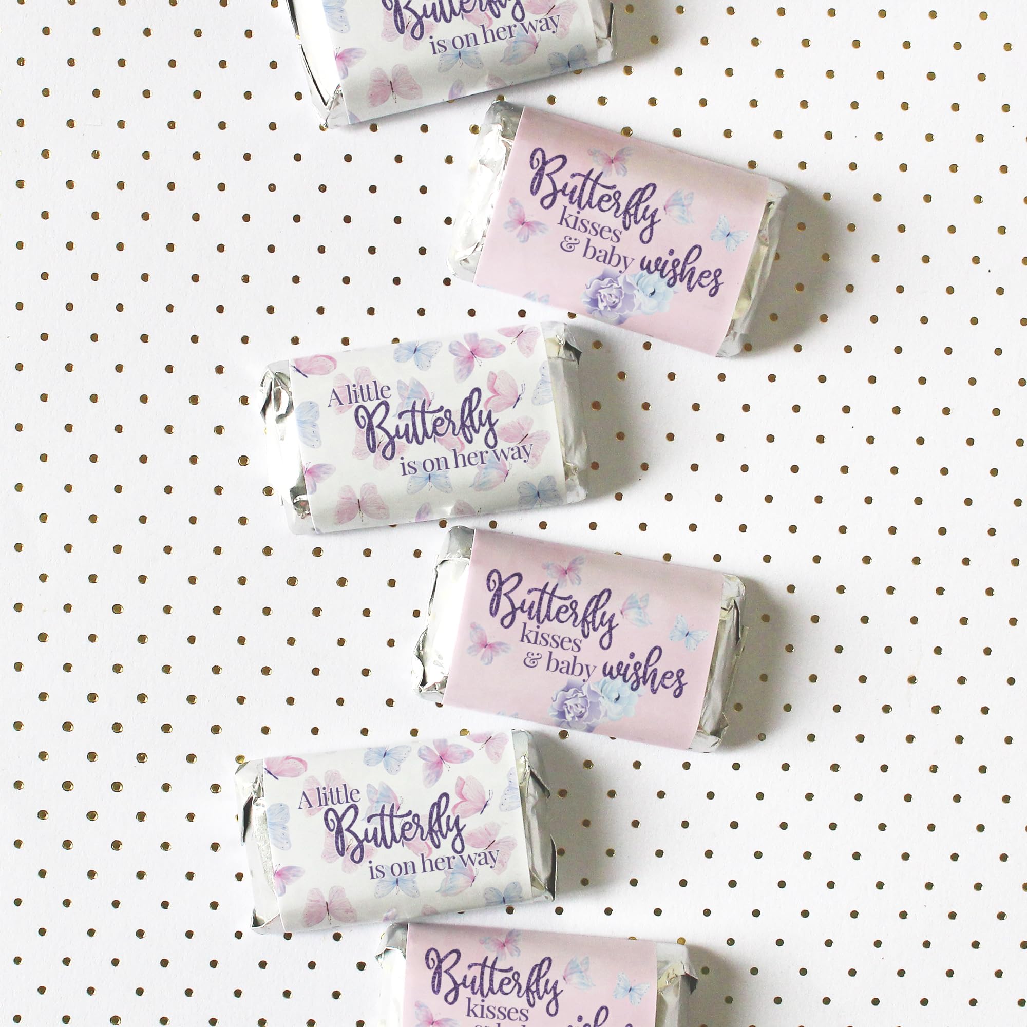 Butterfly Girl Baby Shower Mini Chocolate Candy Bar Wrappers, A Little Butterfly is on Her Way, It's a Girl Pink and Purple Party Favor Stickers - 45 Labels