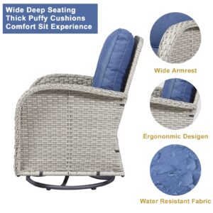 Rilyson Wicker Rocking Chair Swivel Chairs - 3PC Rocker Outdoor Furniture Set Rattan Patio Bisro Set with 2 Swivel Chairs and 1 Glass Top Side Table for Porch Deck(Grey/Blue)