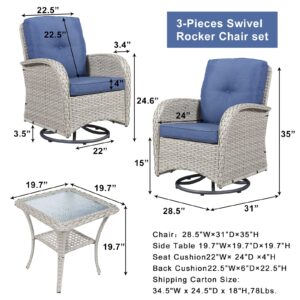 Rilyson Wicker Rocking Chair Swivel Chairs - 3PC Rocker Outdoor Furniture Set Rattan Patio Bisro Set with 2 Swivel Chairs and 1 Glass Top Side Table for Porch Deck(Grey/Blue)