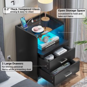 AOGLLATI LED Nightstand with Charging Station, Night Stand with Pull-Out Tray, 2 Drawers, Bedside Table with LED Lights, Modern End Table with USB Ports Outlets, Black