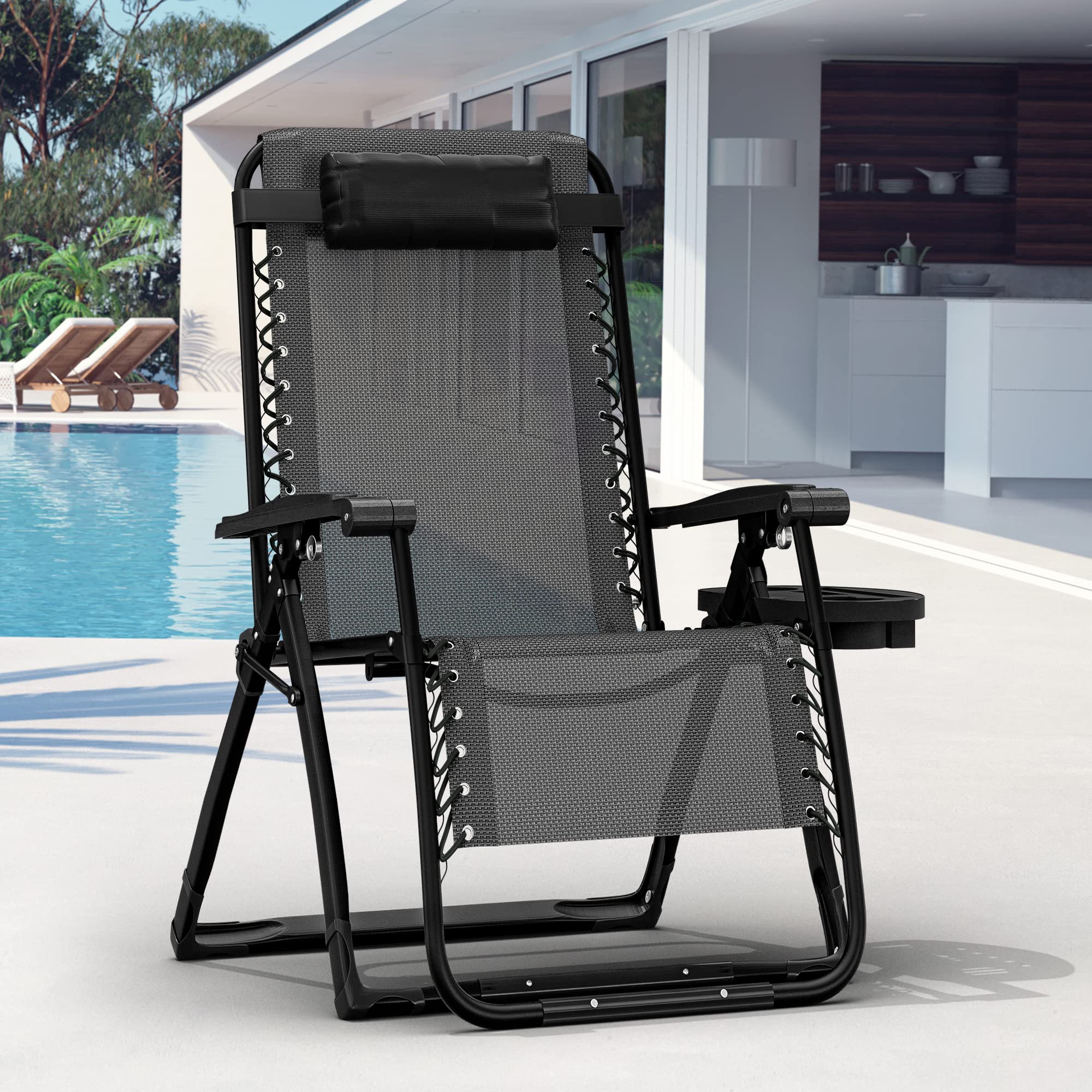 Elevens Oversized Zero Gravity Chair, 28in Reclining Patio Lounge Chair with Removable Cushion & Tray, Adjustable Headrest, Support 450 lbs, Black