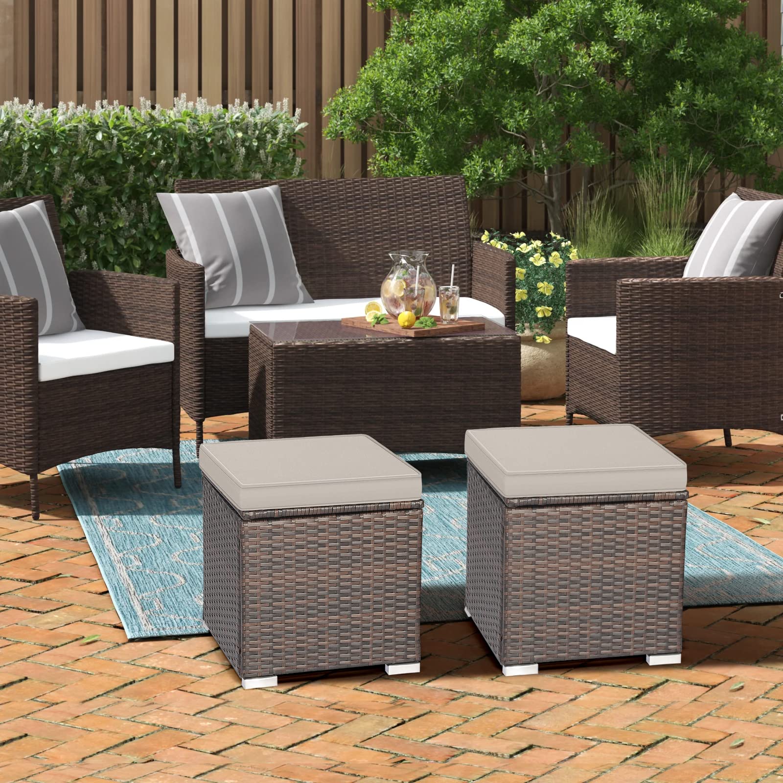 RELAX4LIFE 2-Pieces Outside Rattan Ottomans - Patio Wicker Footstools with Storage Space, Removable Cushions, Multifunctional Hand-Woven Outdoor Side Tables, Additional Seats and Footrest (Beige)