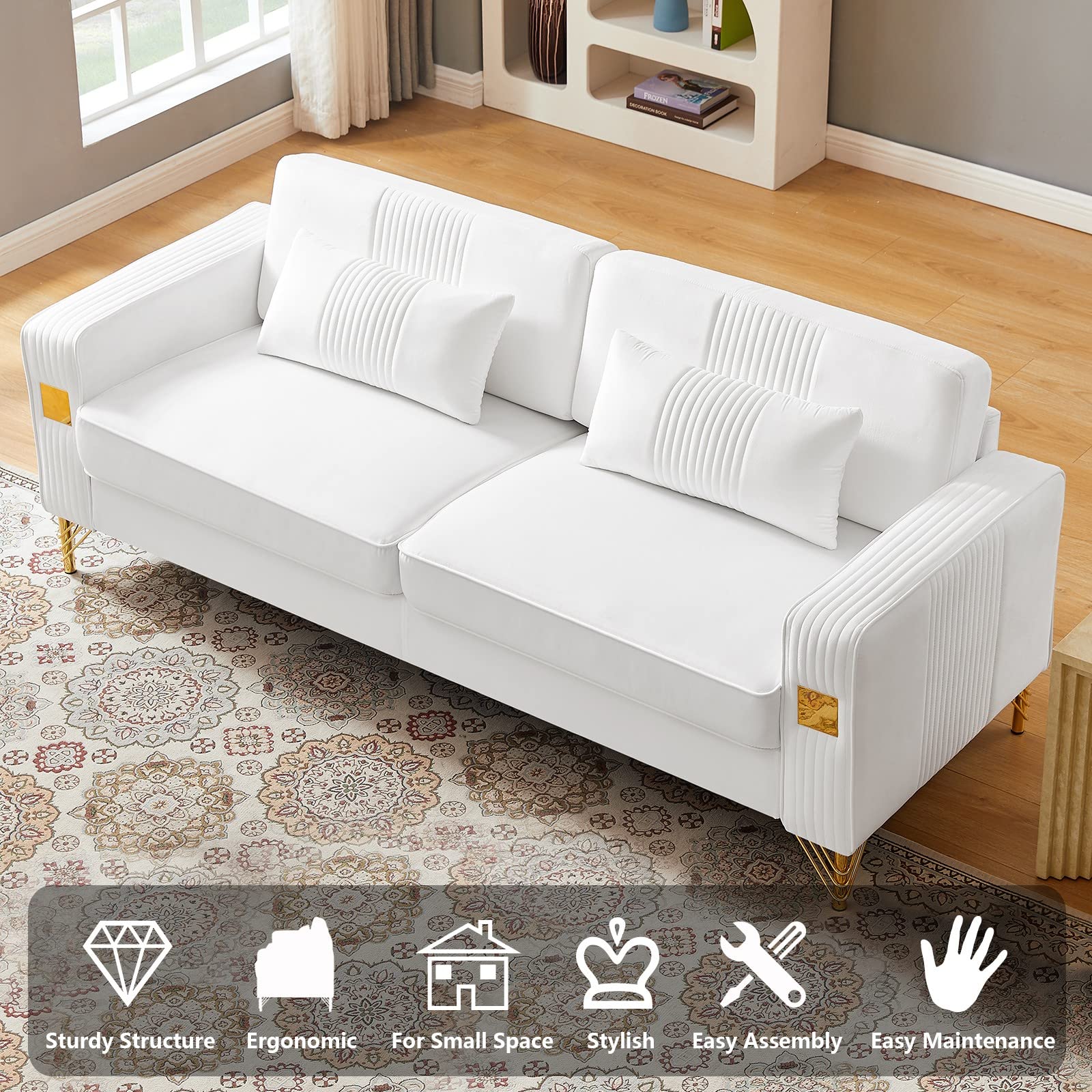 Betoko Velvet Upholstered Sofas Couches for Living Room Modern Contemporary Channel Tufted Beige 3 Seater Sofa Couch with Golden Metal Legs for Bedroom Office and Small Spaces (White)