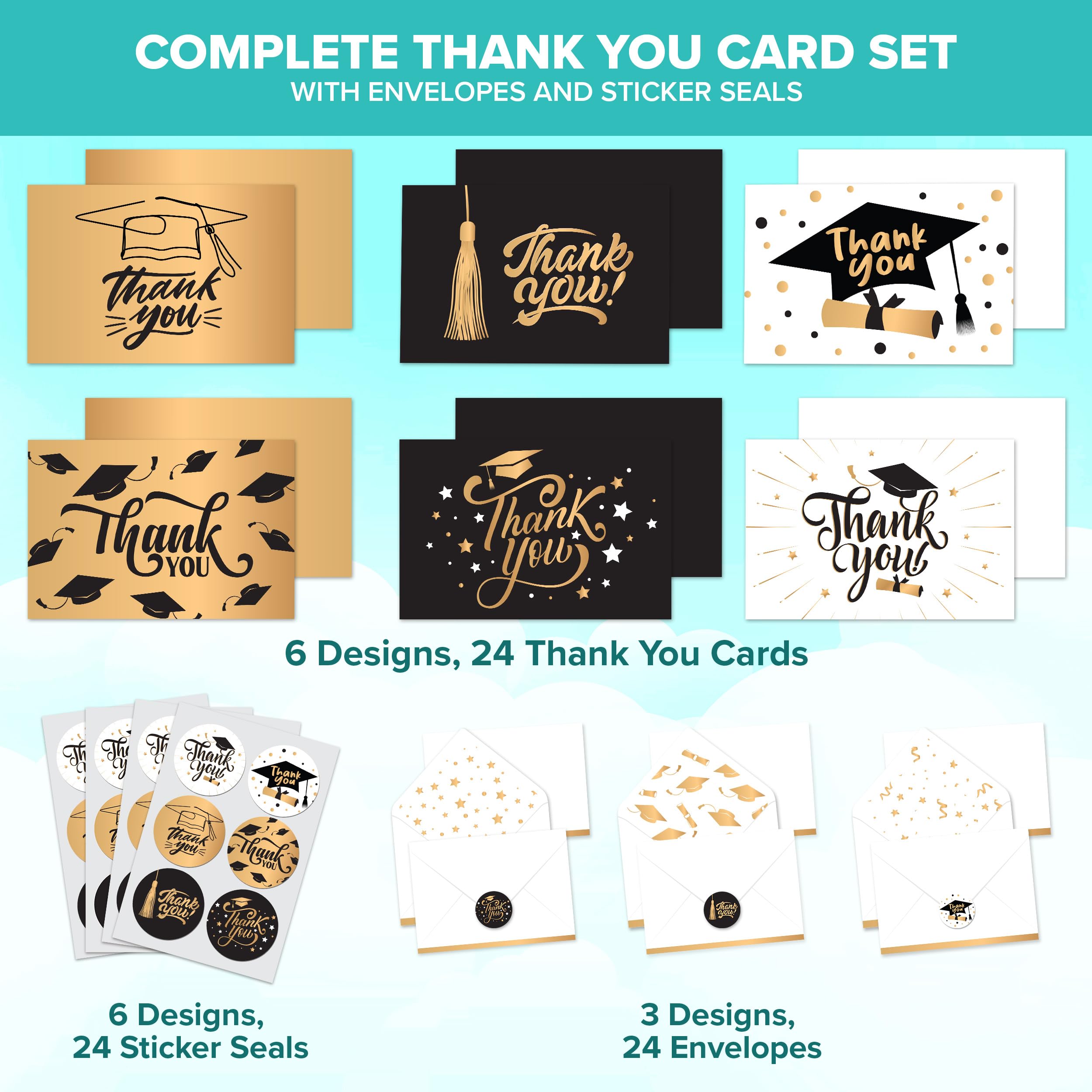 Decorably 24 Pack Gold Foiled Graduation Thank You Cards with Envelopes & Stickers - Blank Inside Thank You Cards Graduation, 6x4 Thank You Cards with Envelopes Graduation, Graduation Thank You Notes