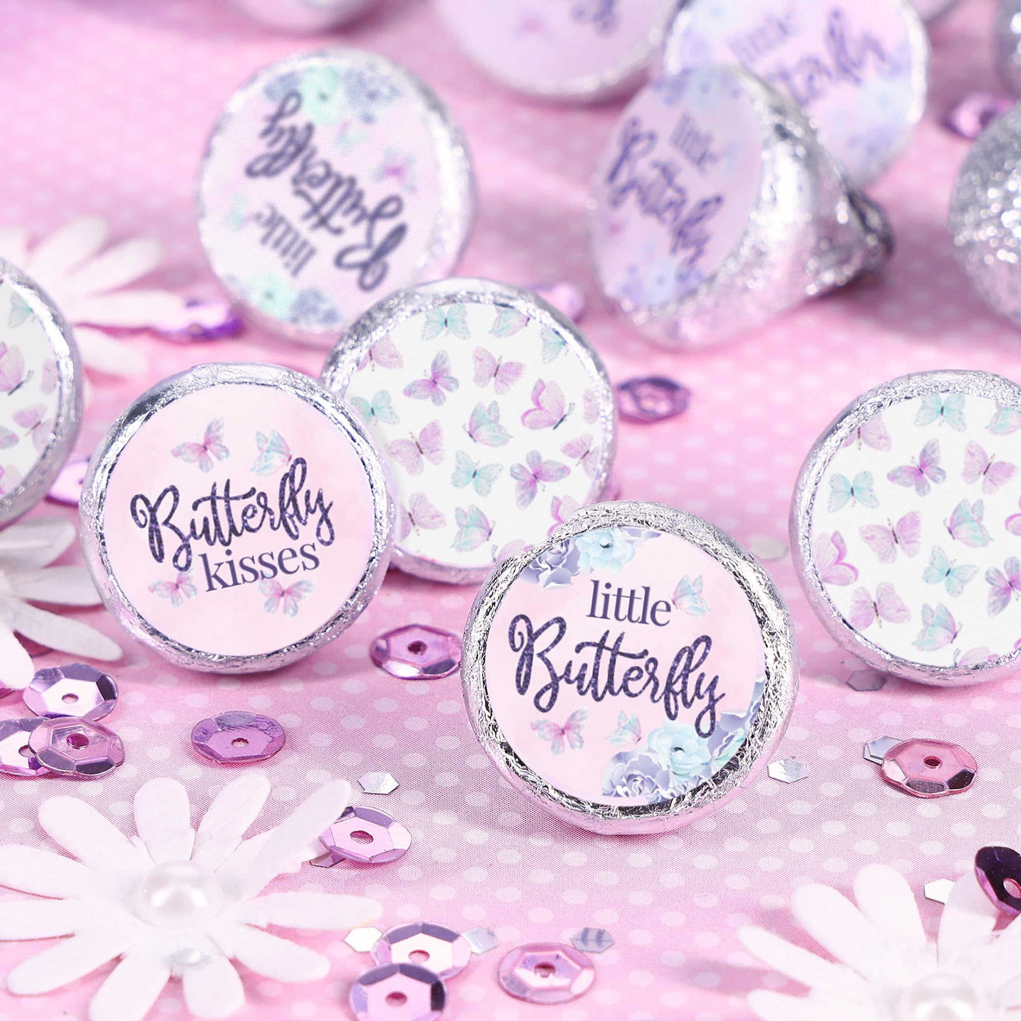 Butterfly Girl Baby Shower Party Favor Stickers, A Little Butterfly is on Her Way - It's a Girl Pink and Purple Chocolate Kisses Candy Labels - 180 Count