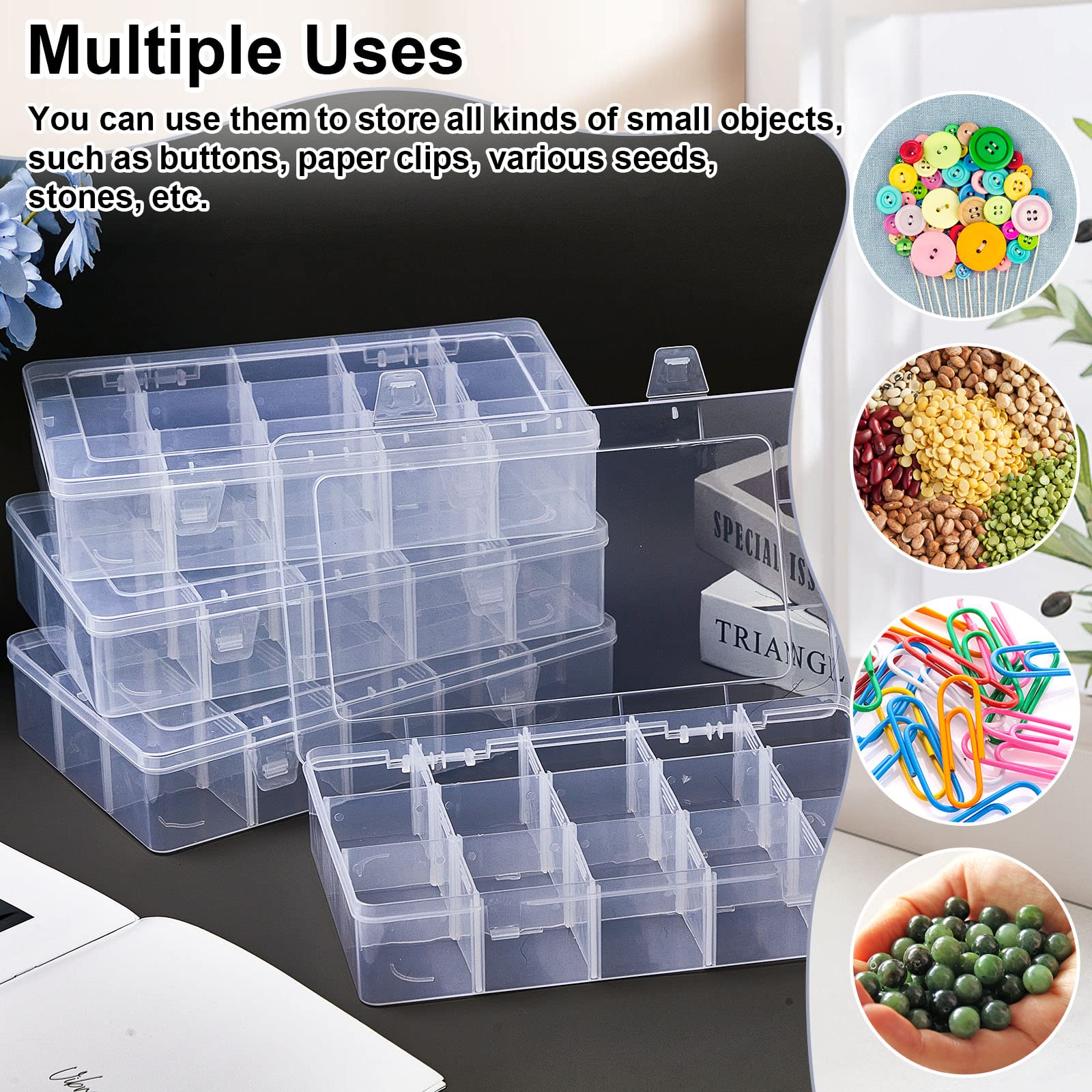 15 Large Grids Storage Container 11 x 6.7 x 2.2in Plastic Washi Tape Organizer Clear Craft Box with Removable Divider Clear Compartment Jewelry Box Organizer for Beads Crafts Fishing Tackles(7 Pcs)