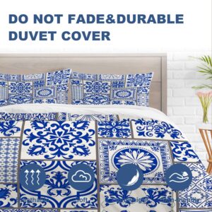 Batmerry Blue and White King Size 3 Pieces Bedding Comforter Cover Sets,Soft Fluffy Abstract Patchwork Mosaic Tiles Pattern Printed Duvet Cover for All Season