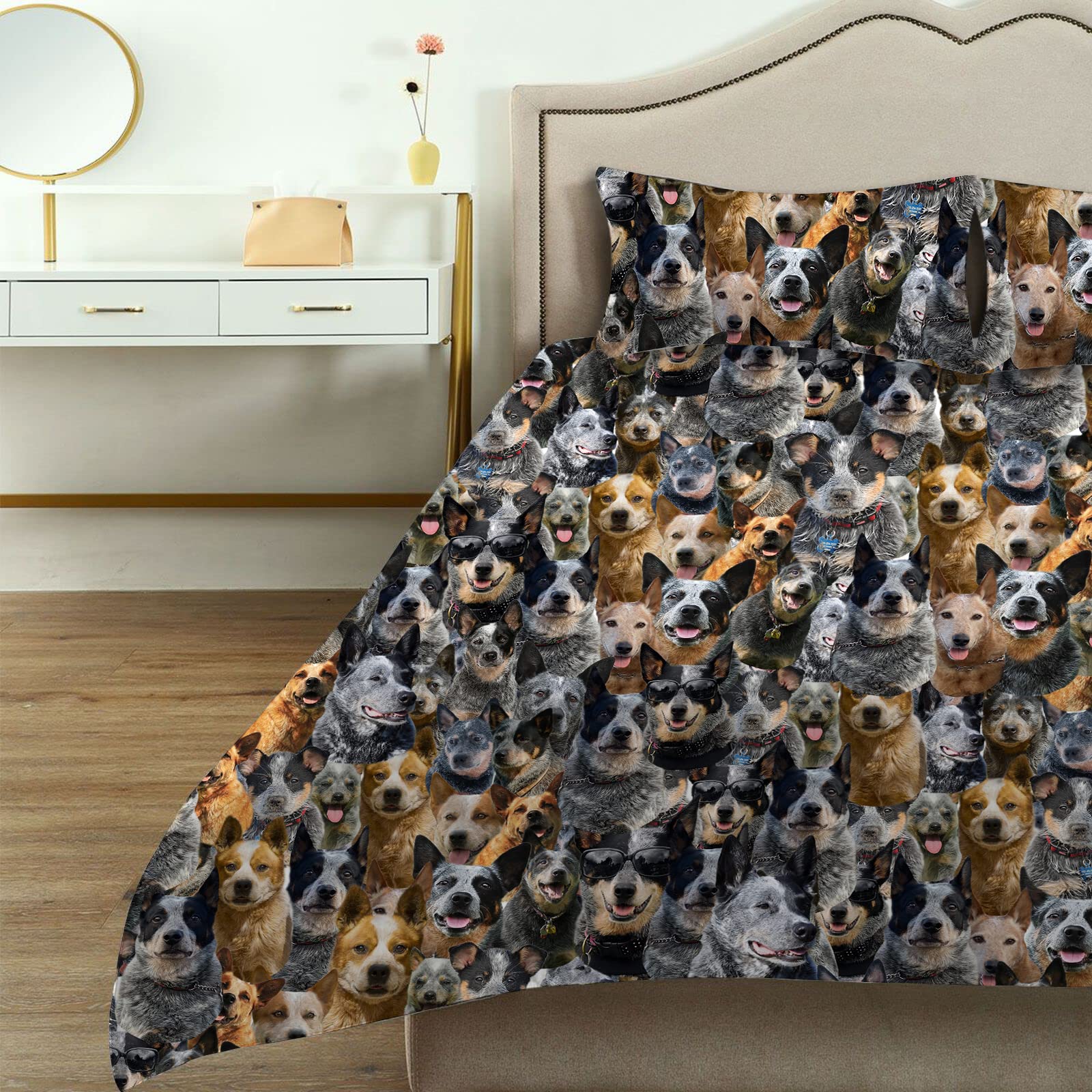 Australian Cattle Dog Lover Duvet Cover Set, Funny Cattle Dog Face 3D Print Quilt Cover, Decorative 3 Piece Bedding Set with 2 Pillow Shams & 1 Comforter Cover, Gift for Cattle Mom/Pet Owner