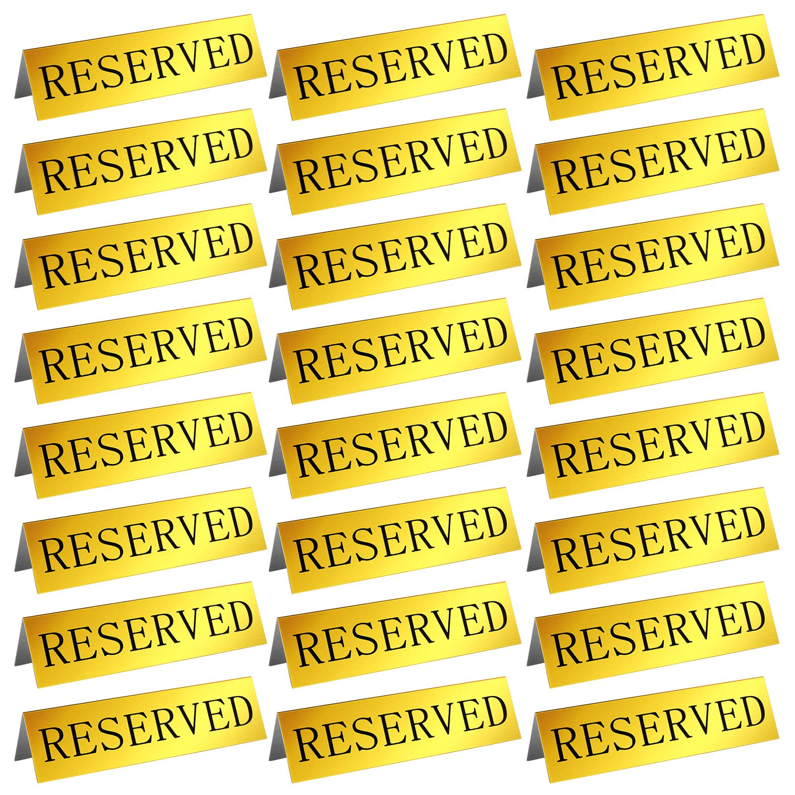 Peryiter Metal Reserved Table Signs Reserved Sign Reserved Desk Signs Double Sided Table Stand Tents Sign Reserved Seating Signs for Wedding Restaurant Ceremony, 5.91 x 3.15 Inch(Gold, 24 Pcs)