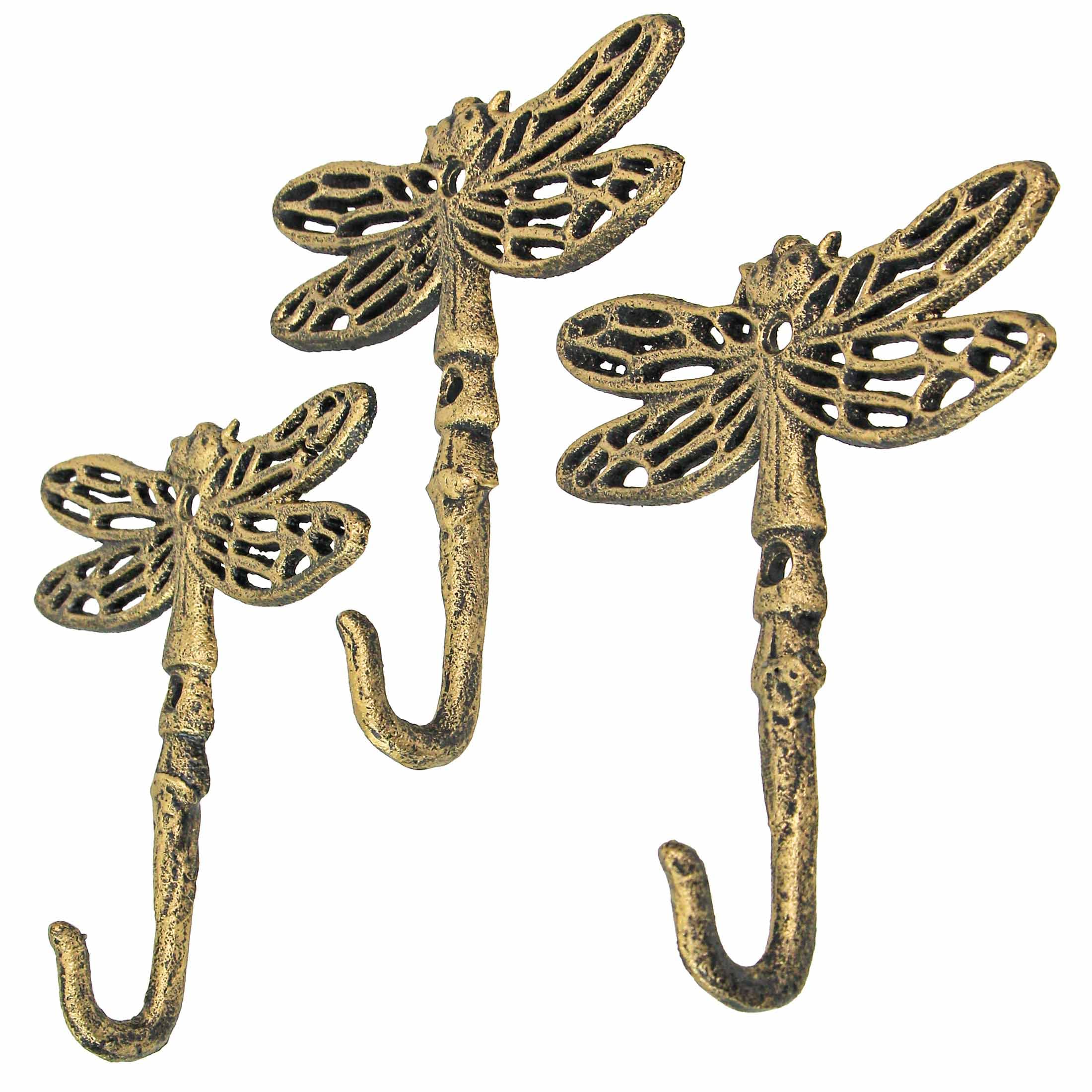 Zeckos Set of 3 Cast Iron Dragonfly Wall Hooks - Antique Gold Finish, Easy Install - Nature-Inspired Decorative Hooks for a Whimsical Touch in Your Decor Space