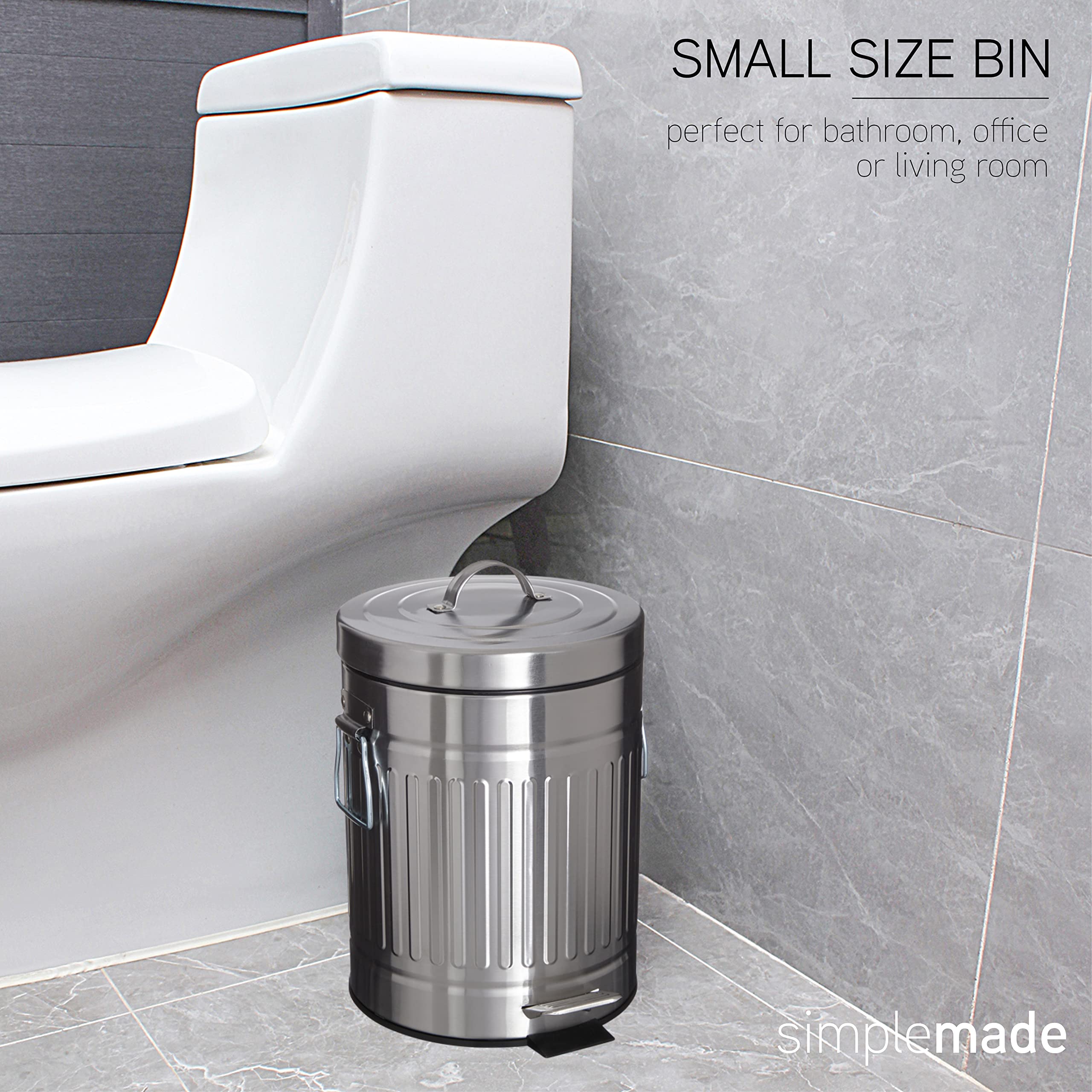 SIMPLEMADE Round Step Trash Can - 5 Liter / 1.3 Gallon - Stainless Steel Bathroom Trash Can, Small Trash Can with Lid, Metal Wastebasket, Galvanized Steel