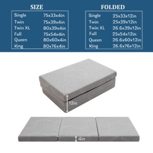 Folding Mattress 4 Inch Tri Folding Memory Foam Mattress, Portable Trifold Mattress Topper with Breathable & Washable Cover, Foldable Floor Mattress Guest Bed for Camping, Travel, Queen