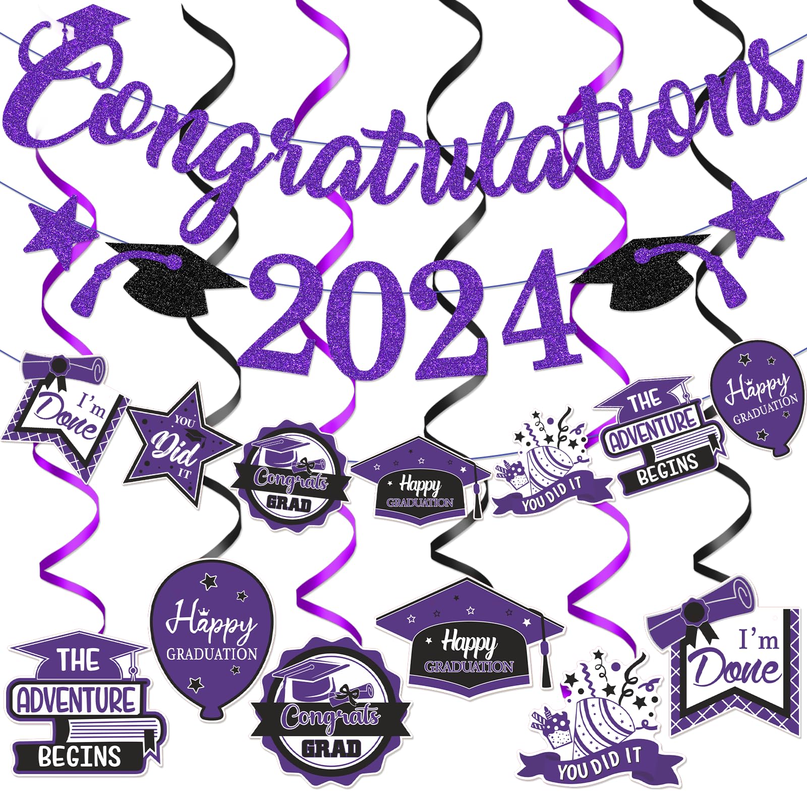 Purple Congratulations 2024 Banner Graduation Party Decorations 2024 Purple and Black Class of 2024 Graduation Decorations Purple Graduation Decorations 2024 Graduation Party Supplies