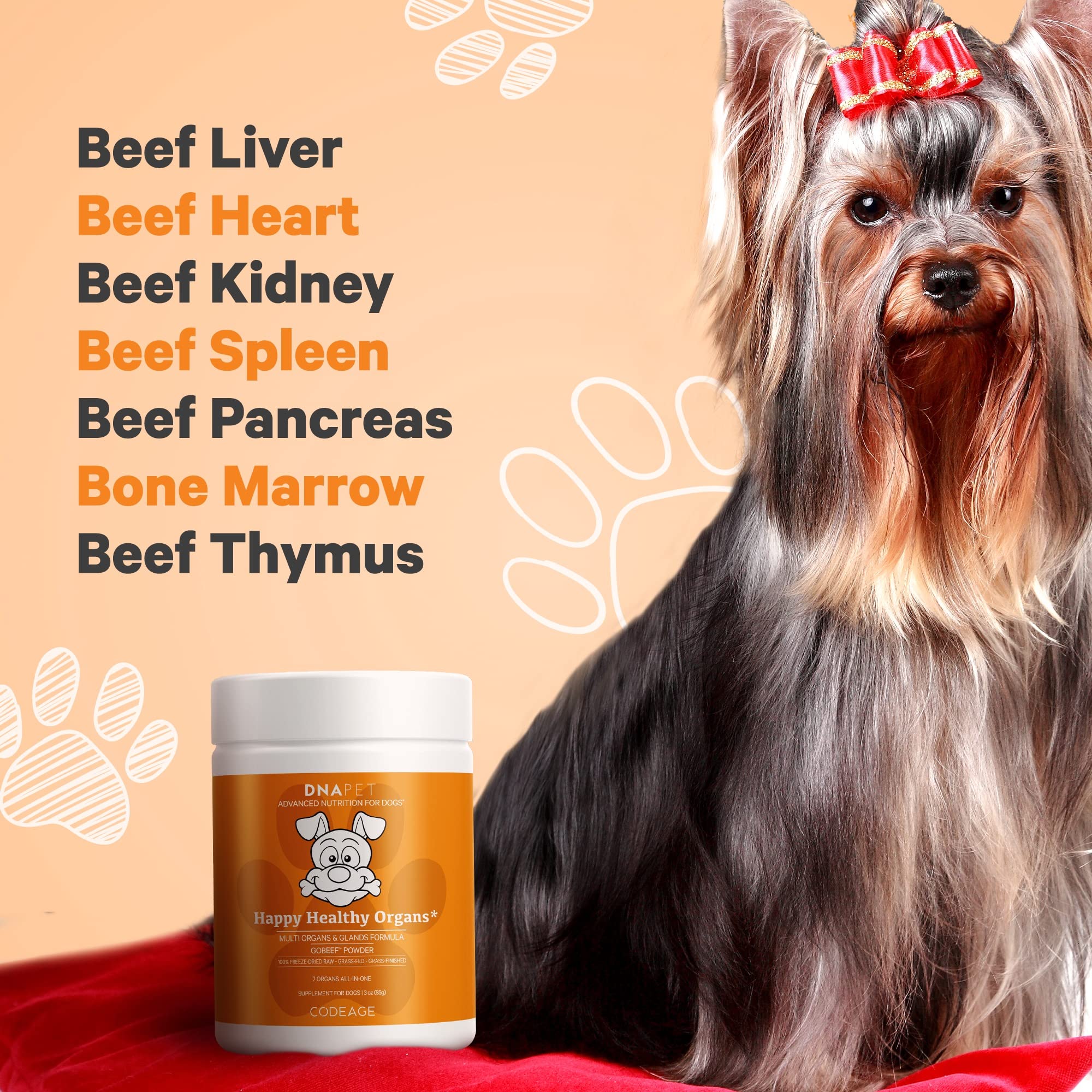 DNA PET Happy Healthy Organs & Glands Supplement for Dogs, Freeze-Dried Raw Grass-Fed Beef Liver Heart Kidney Spleen Pancreas Bone Marrow, Bovine Thymus Multi Organ Powder, Canine Vitamins, 3 oz