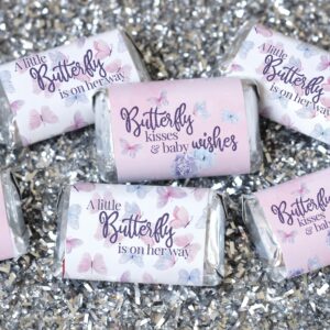 Butterfly Girl Baby Shower Mini Chocolate Candy Bar Wrappers, A Little Butterfly is on Her Way, It's a Girl Pink and Purple Party Favor Stickers - 45 Labels