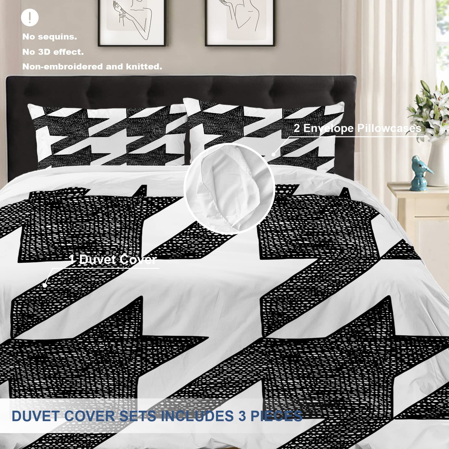 Batmerry Houndstooth Black White Twin Size 3 Pieces Bedding Comforter Cover Sets,Soft Fluffy Plaid Abstract Fashion Geometric Pattern Printed Duvet Cover for All Season