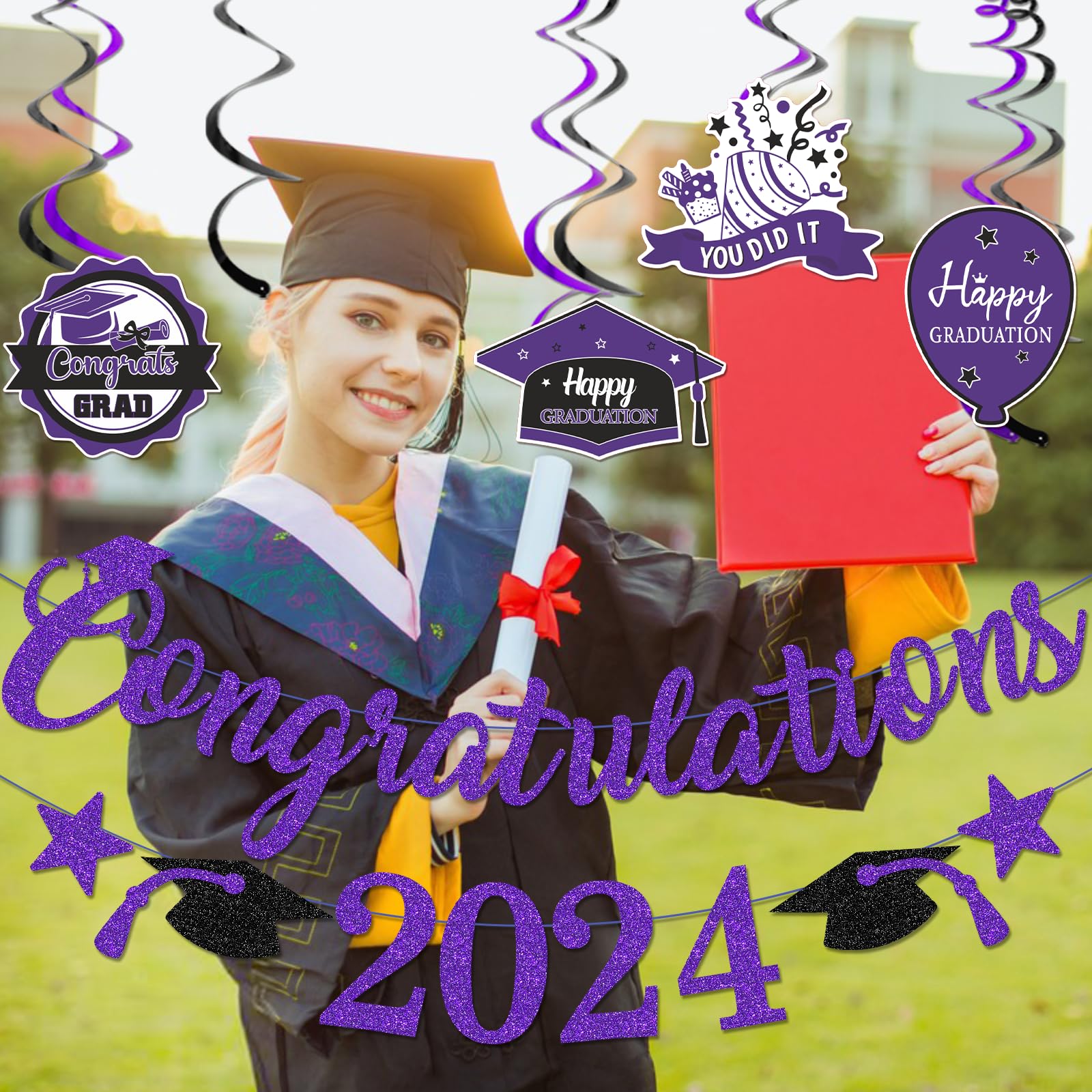 Purple Congratulations 2024 Banner Graduation Party Decorations 2024 Purple and Black Class of 2024 Graduation Decorations Purple Graduation Decorations 2024 Graduation Party Supplies