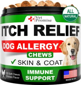 vet promise dog allergy chews - itch relief for dogs - dog allergy relief - anti itch for dogs - dog itchy skin - dog allergy support - hot spots - immune health supplement - made in usa - 120 treats