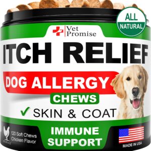 Vet Promise Dog Allergy Chews - Itch Relief for Dogs - Dog Allergy Relief - Anti Itch for Dogs - Dog Itchy Skin - Dog Allergy Support - Hot Spots - Immune Health Supplement - Made in USA - 120 Treats